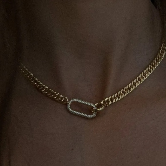 Gold Zircon Rectangular Charm Necklace Chain Link - Picture 9 of 12